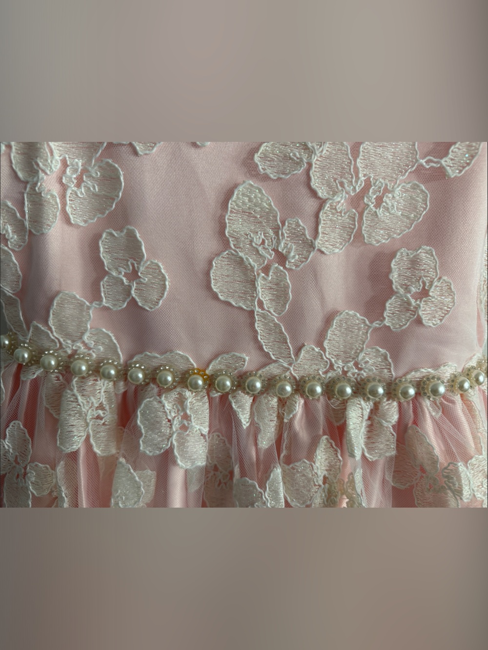 Girls' Pink Lace Floral Dress with Pearl Waist - Picture 6 of 6